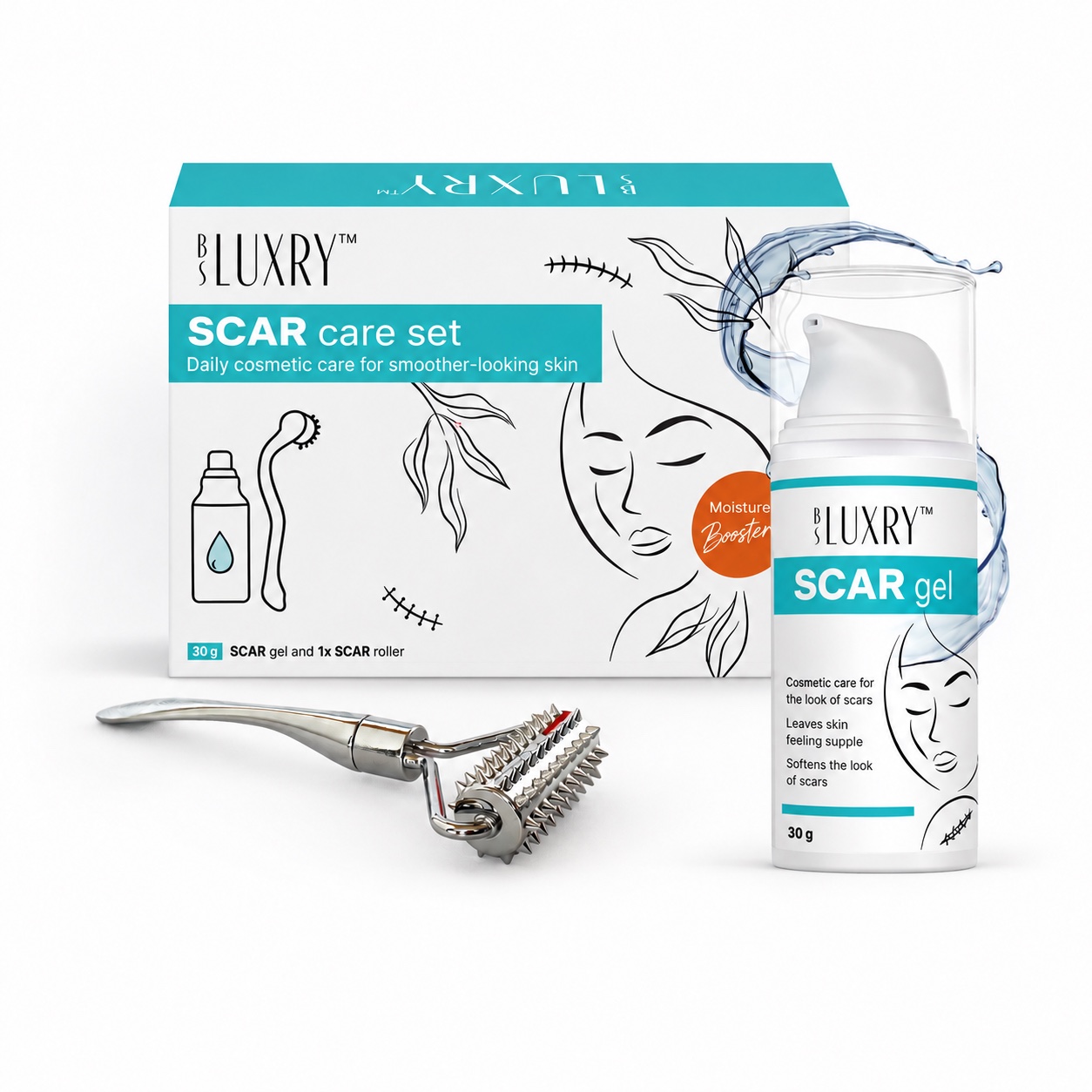 BS Luxry Scar Care Set English packaging box with silicone gel pump bottle and massage roller