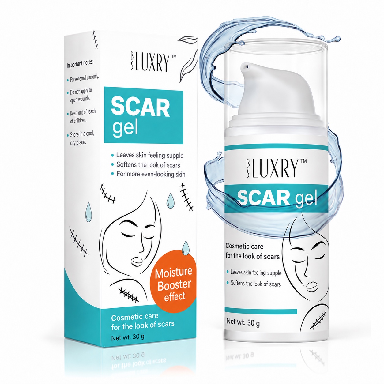 BS Luxry Silicone Scar Gel pump bottle and box with English packaging