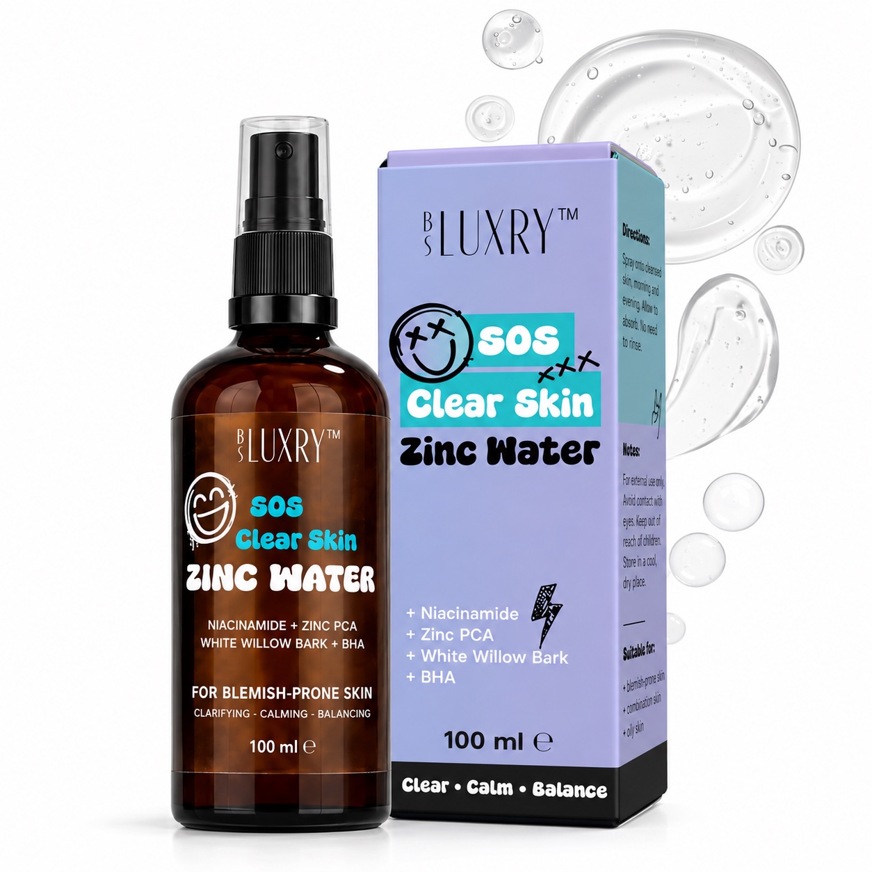 BS Luxry SOS Clear Skin Zinc Water spray bottle and box with English packaging