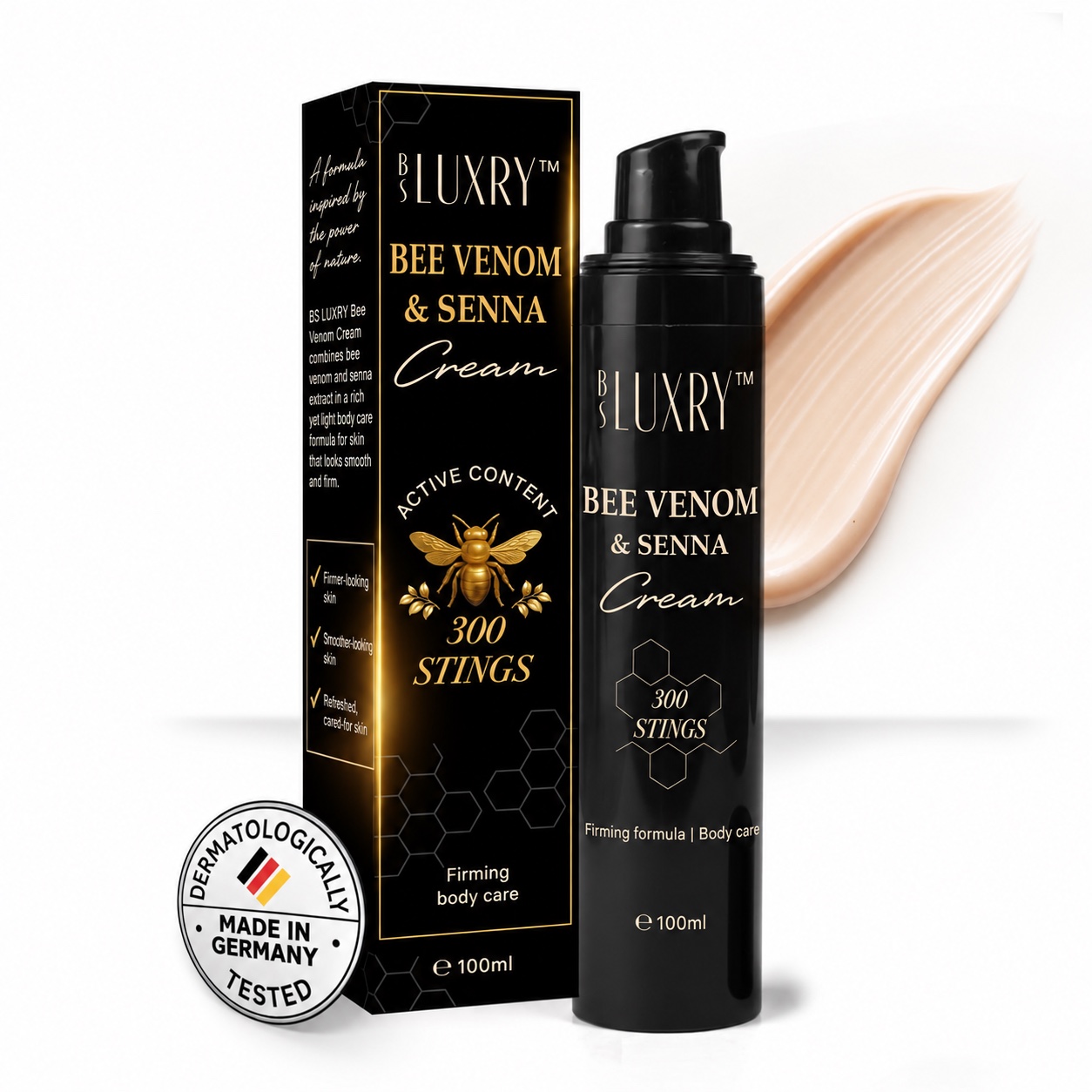 BS Luxry Bee Venom and Senna Body Cream black pump bottle and box with English packaging